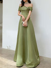A Line Satin Green Long Prom Dresses, Off Shoulder Green Long Formal Dresses