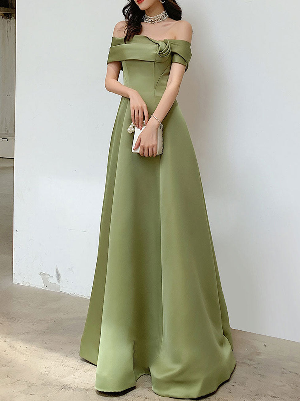 A Line Satin Green Long Prom Dresses, Off Shoulder Green Long Formal D