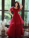 Simple A line Tulle Long Prom Dress Burgundy Tulle Formal Dress