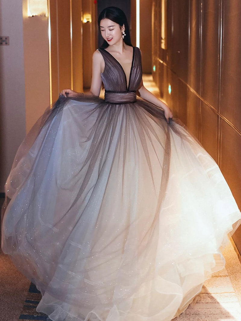 Aline V Neck Tulle Long Prom Dress Tulle Long Formal Graduation Dresses US 10 / Brown Aline V Neck Tulle Long Prom Dress Tulle Long Formal Graduation Dresses US 10 / Brown