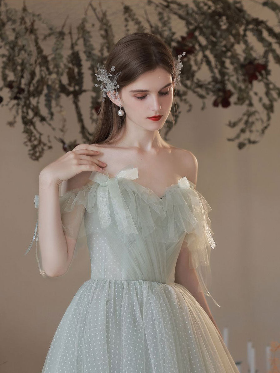 Green A Line Tulle Long Prom Dresses, Green Formal Graduation Dress