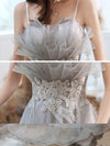 Gray A line Tulle Long Prom Dress, Gray Formal Graduation Dress with Lace Applique