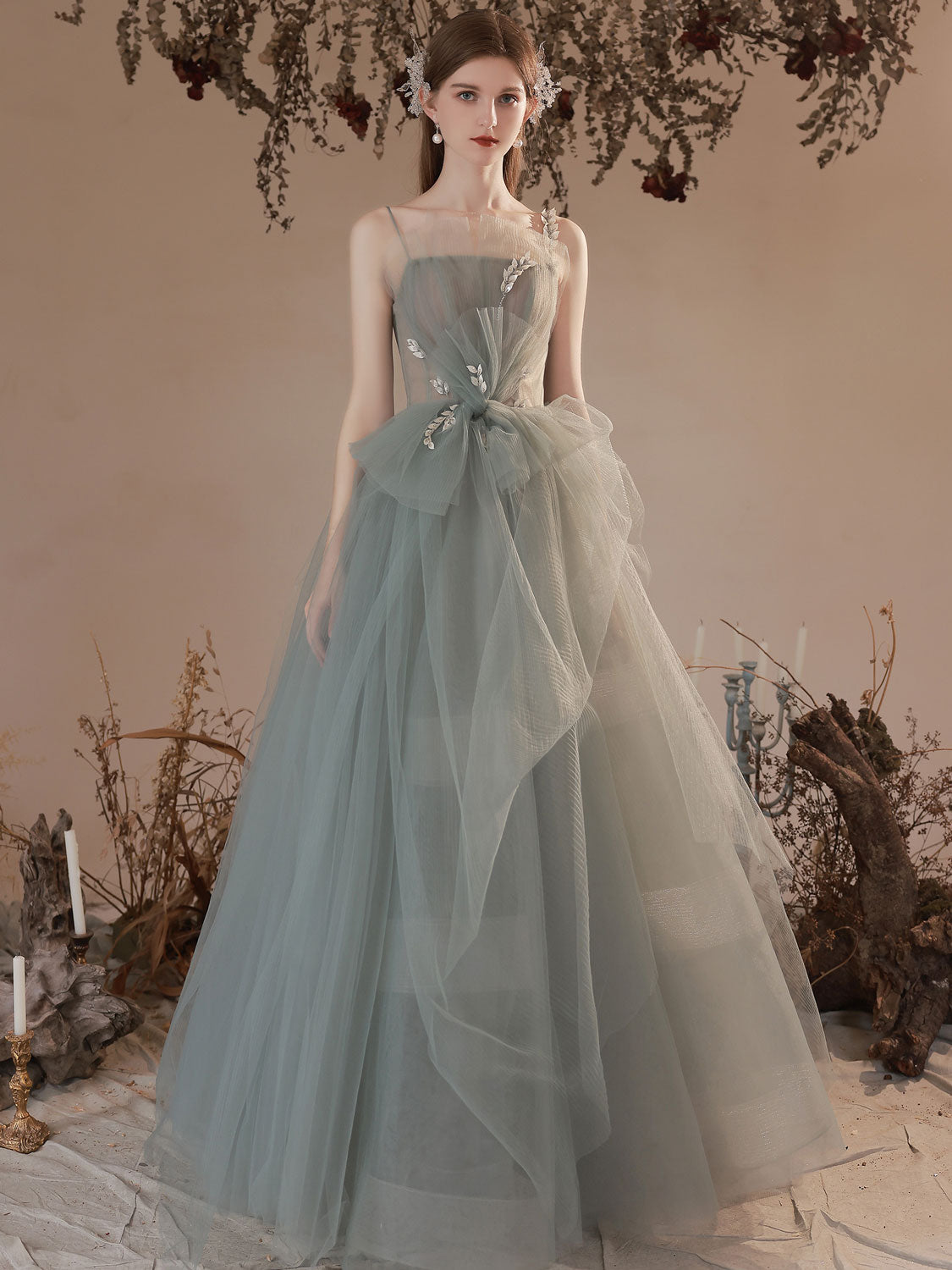 Gray Green Long Prom Dress, Ball Gown Gray Green Tulle Formal Sweet 16 Dress