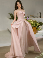 Pink Satin Tulle Long Prom Dress, Pink Formal Bridesmaid Dresses