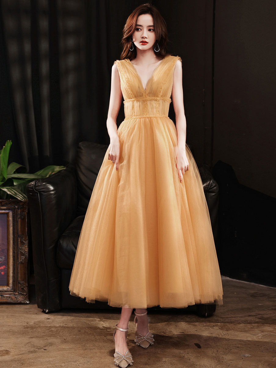 Yellow V Neck Tulle Tea Length Prom Dress, Yellow Homecoming Dresses