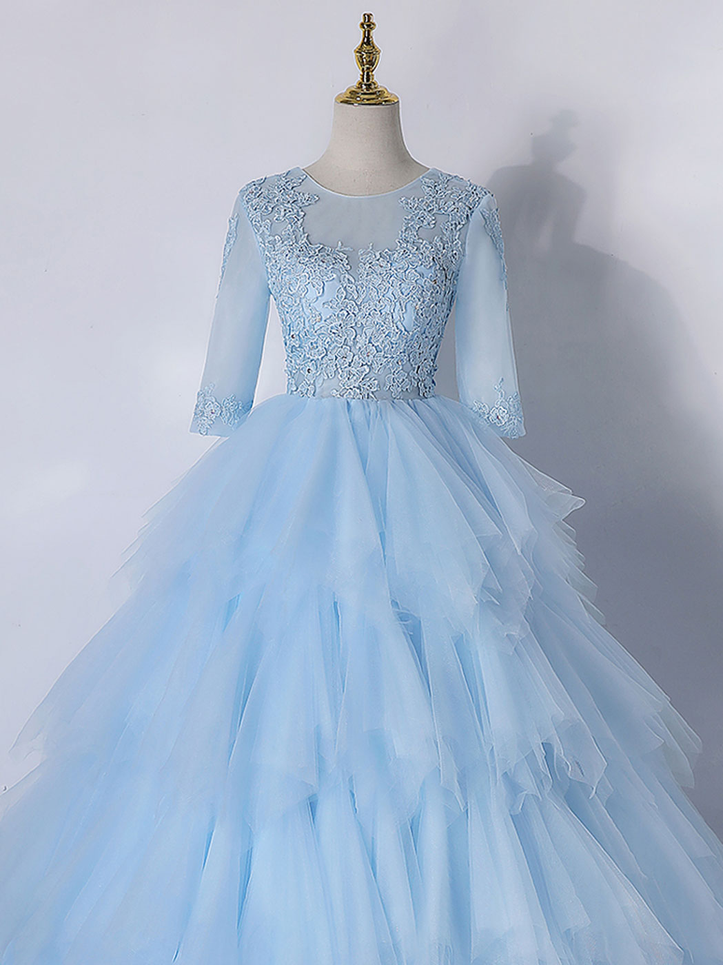 Blue A-Line Tulle Lace Long Prom Dress