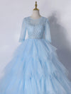 Blue A-Line Tulle Lace Long Prom Dress