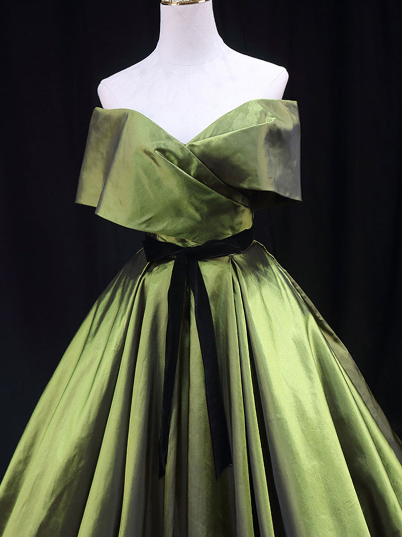 Green A line Satin Long Prom Dress, Green Satin Formal Evening Dresses