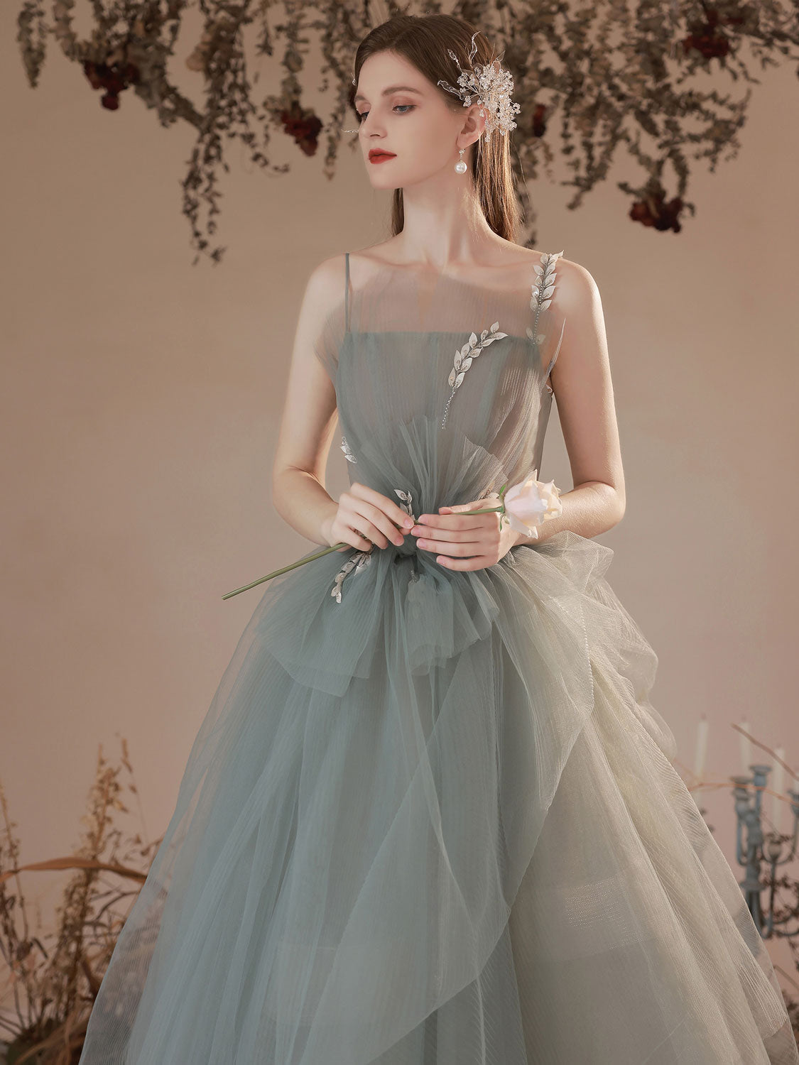 Gray Green Long Prom Dress, Ball Gown Gray Green Tulle Formal Sweet 16 Dress