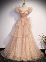 Champagne A-Line Tulle Beading Long Prom Dress, Champagne Formal Dresses