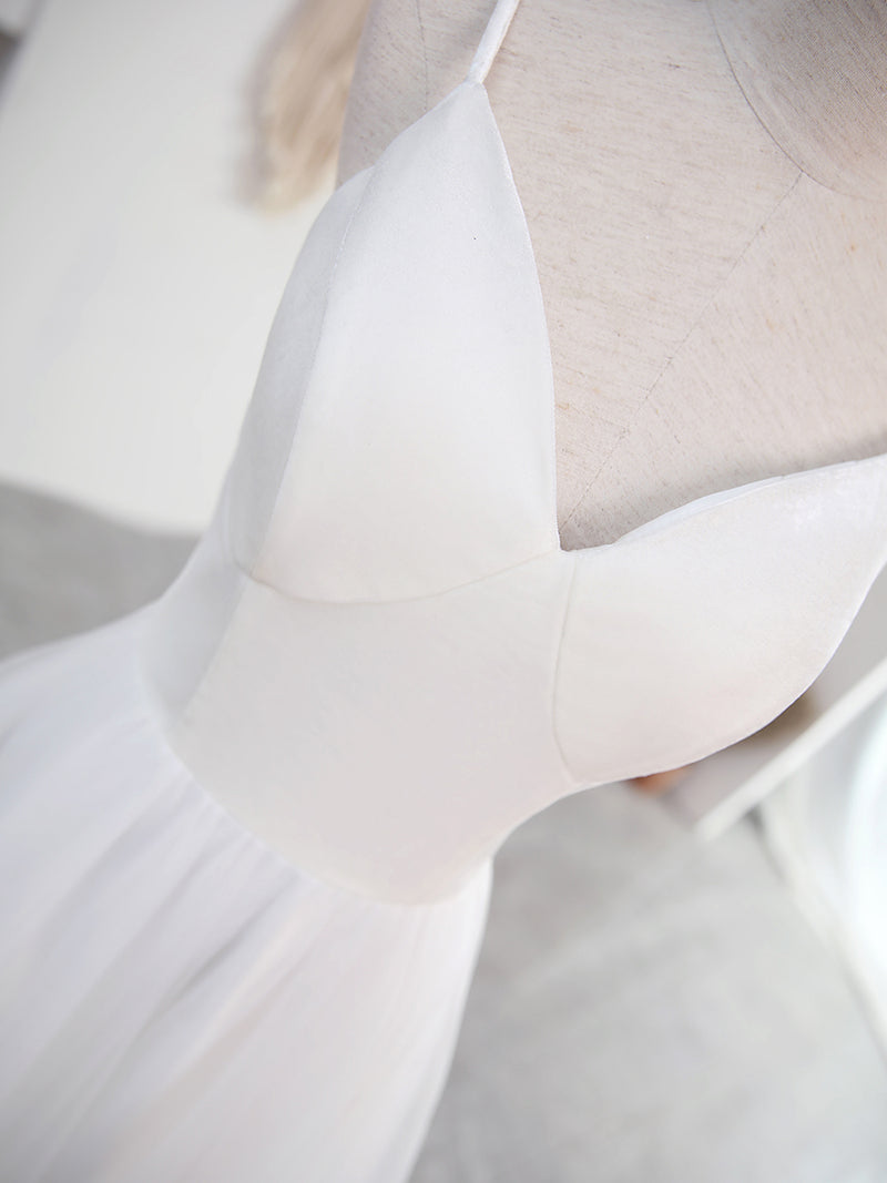 Simple V Neck Tulle Tea Length White Prom Dress, White Bridesmaid Dress