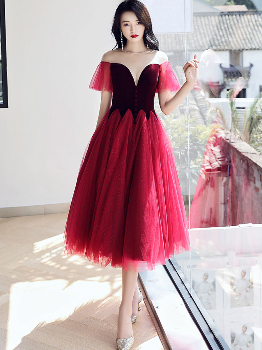 Burgundy Round Neck Velvet Short Prom Dress, Puffy Burgundy Homecoming Dress