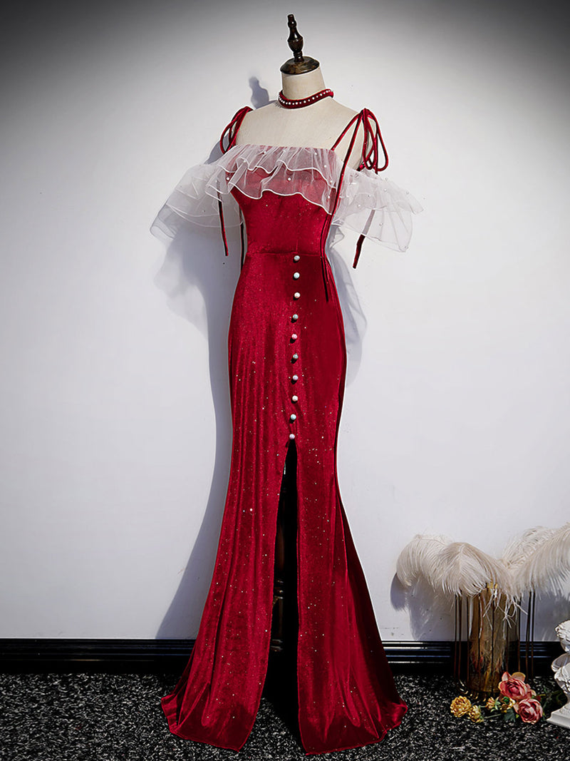 Burgundy Mermaid Long Prom Dress, Velvet Long Formal Dresses – shopluu