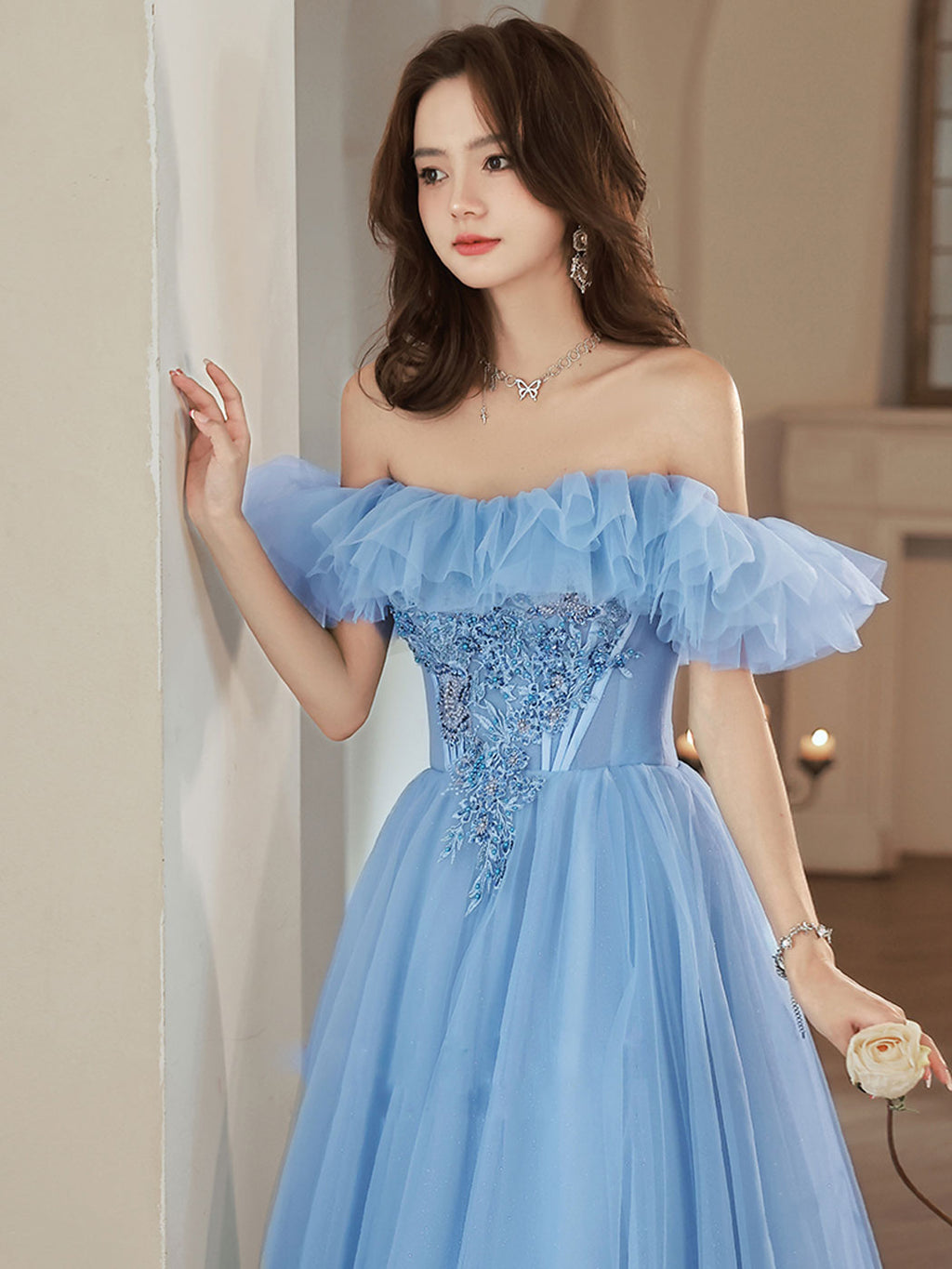 A-Line Tulle Lace Blue Long Prom Dress, Blue Formal Dresses