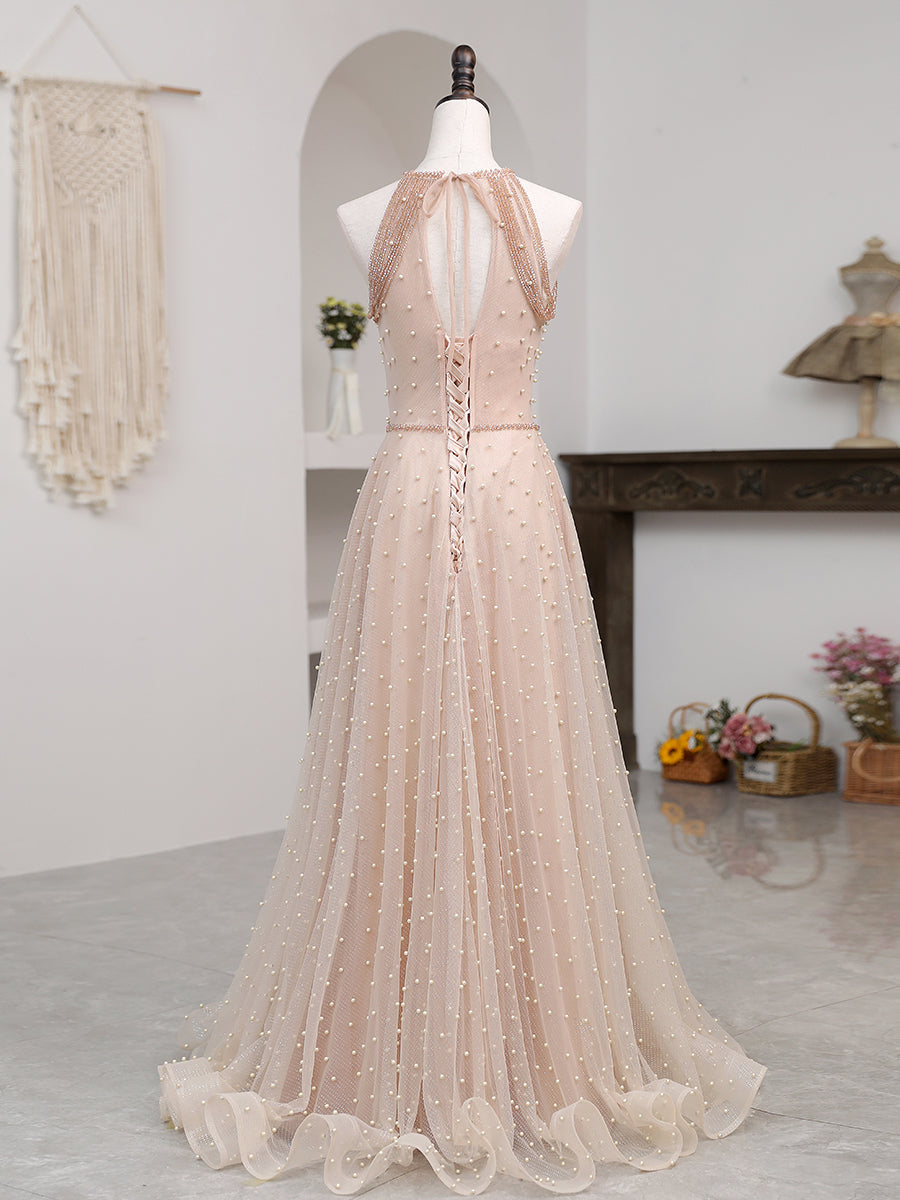 Champagne Pink Long Prom Dress, A Line Tulle Formal Dress Graduation D – shopluu