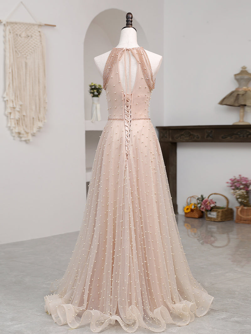 Champagne Pink Long Prom Dress, A Line Tulle Formal Dress Graduation D shopluu Champagne Pink Long Prom Dress, A Line Tulle Formal Dress Graduation D shopluu