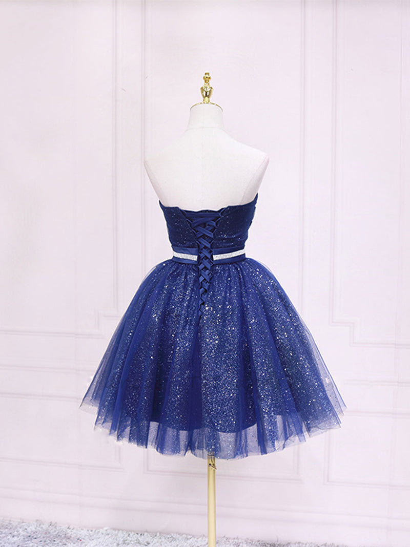 Dark Blue Sweetheart Neck Tulle Sequin Short Prom Dress Blue Puffy Homecoming Dress