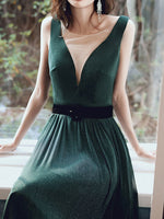 Simple Green V Neck Long Prom Dresses, Green Evening Dresses