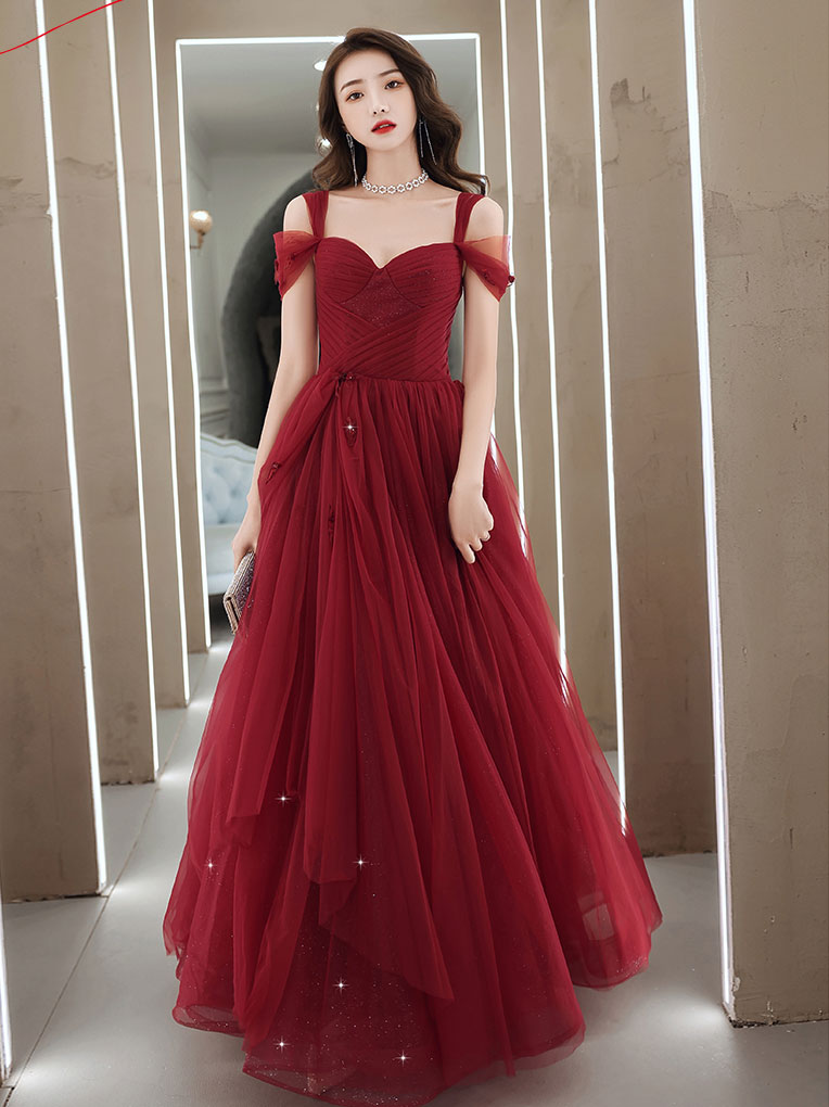 Elegant Sweetheart Neck Burgundy Long Prom Dress, A line Backless Evening Dresses