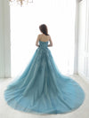 Blue Sweetheart Neck Tulle Lace Long Prom Dress, Blue Tulle Formal Dress