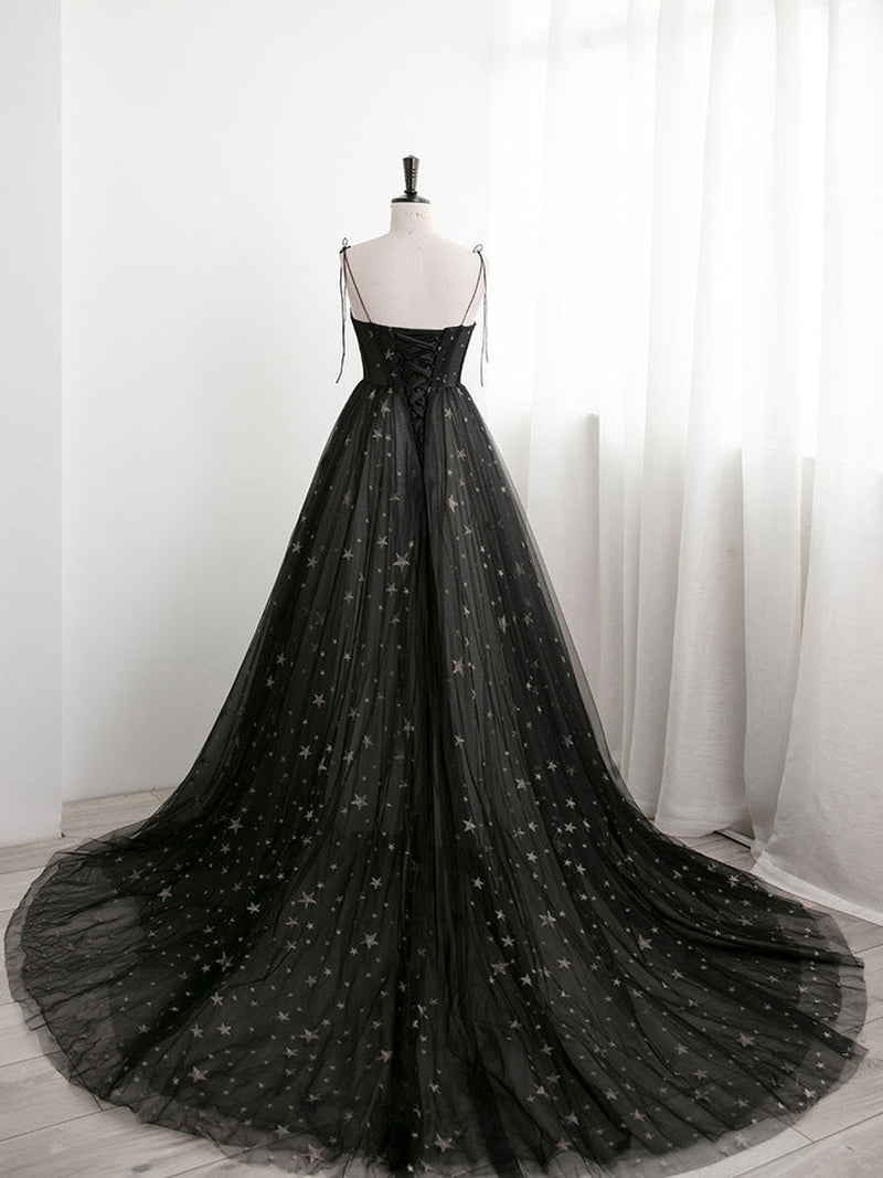 Black A line Sweetheart Neck Tulle Long Prom Dresses, Black Formal Gra – shopluu