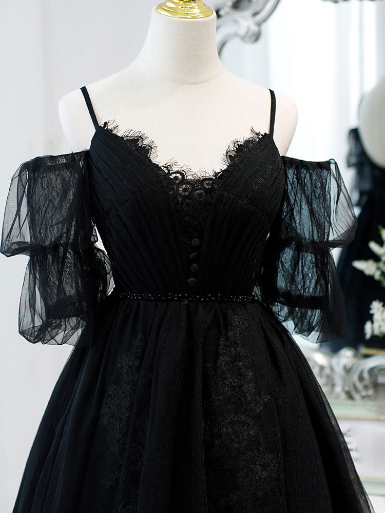 A Line V Neck Short Black Lace Prom Dresses, Short Black Lace
