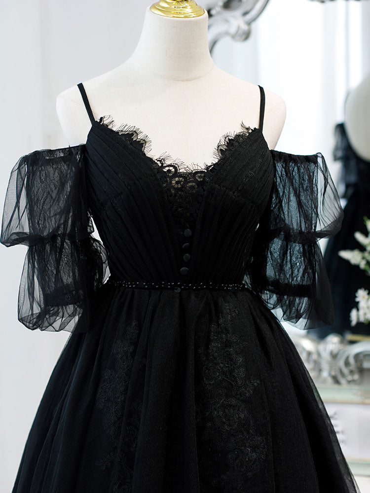Black A Line V Neck Lace Short/Mini Prom Dress, Black Puffy Homecoming Dresses US 2 / Black Black A Line V Neck Lace Short/Mini Prom Dress, Black Puffy Homecoming Dresses US 2 / Black