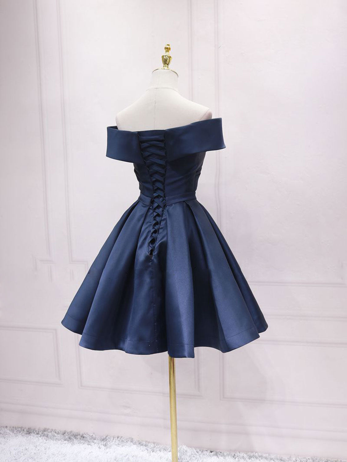Simple Off Shoulder Satin Dark Blue Short Prom Dress, Blue Homecoming Dress Custom Size / Custom Color Simple Off Shoulder Satin Dark Blue Short Prom Dress, Blue Homecoming Dress Custom Size / Custom Color