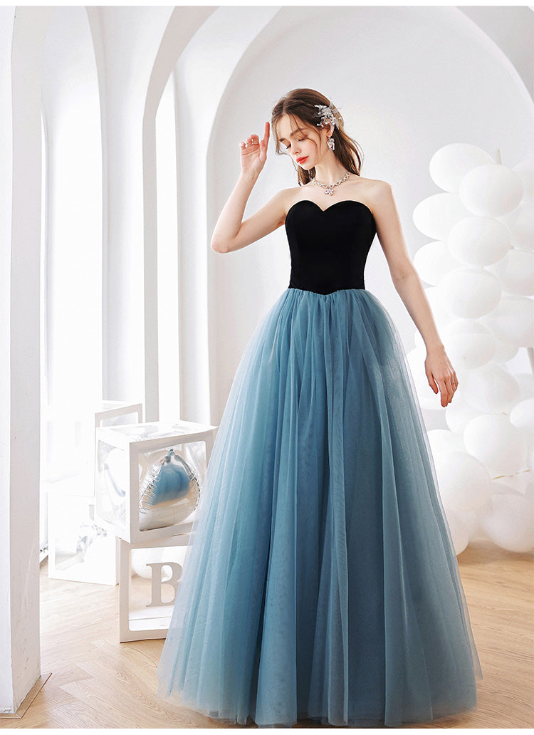Aline Blue Tulle Long Prom Dress, Blue Long Graduation Dresses