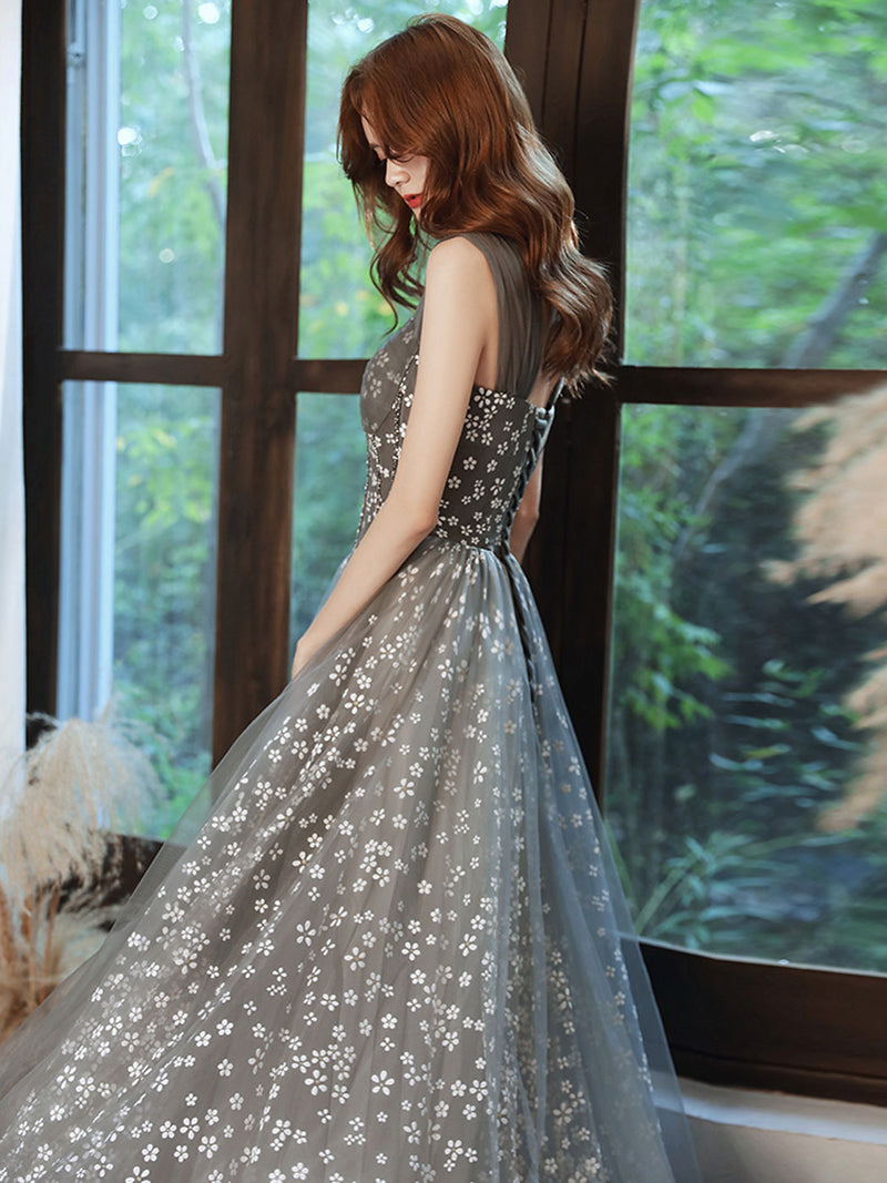 Aline Sweetheart Neck Tulle Gray Long Prom Dresses, Gray Graduation Dr shopluu Aline Sweetheart Neck Tulle Gray Long Prom Dresses, Gray Graduation Dr shopluu
