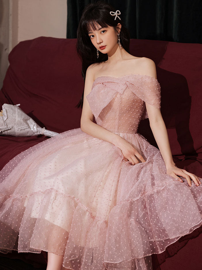 Pink One Shoulder Short Prom Dress, Cute Puffy Pink Homecoming Dresses – shopluu