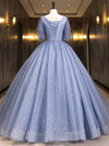 Gray Blue V Neck Tulle Long Prom Dress, Blue Long Sweet 16 Dresses