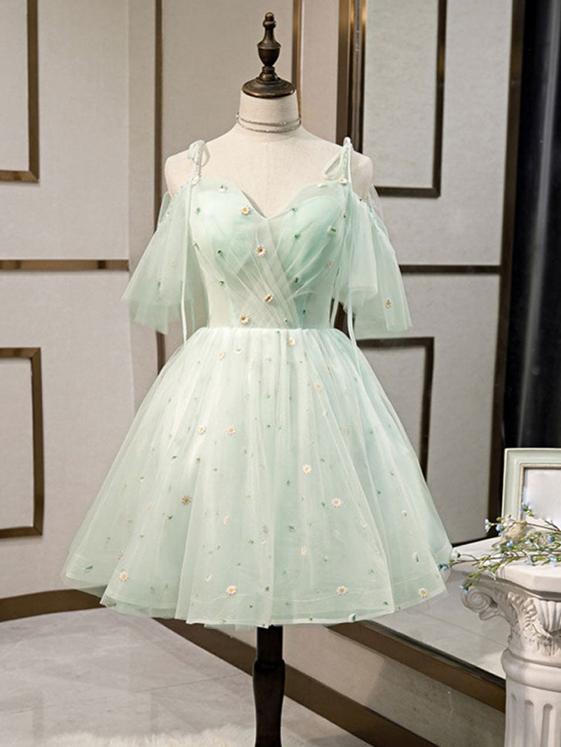 Simple Sweetheart Neck Tulle Short Prom Dresses, Puffy Green Homecoming Dresses