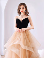 Champagne Tulle Long Prom Dresses, Champagne Tulle Formal Graduation Dresses