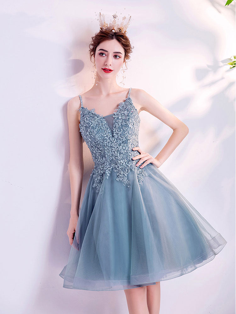 Gray V Neck Tulle Lace Blue Short Prom Dress Puffy Blue Homecoming Dre – shopluu