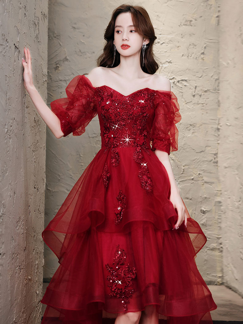 Red Lace High Low Party Dresses, A-Line Homecoming Dresses US 14 / Red Red Lace High Low Party Dresses, A-Line Homecoming Dresses US 14 / Red