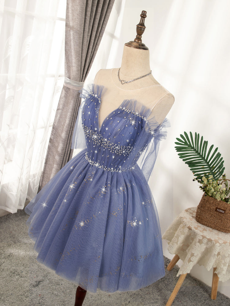 Blue Tulle Sequin Short Prom Dress, Puffy Blue Homecoming Dress