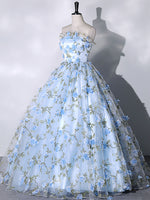 Blue Tulle Lace Long Prom Dresses, Ball Gown Blue Sweet 16 Dresses