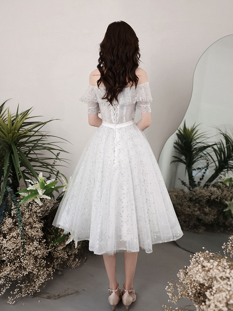 Cute A line Sequin Short Prom Dress, White Short Puffy Homecoming Dress Custom Size / Gray White