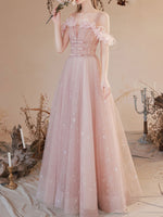 A Line Pink Long Prom Dresses, Off Shoulder Pink Formal Dress with Beading Flowers