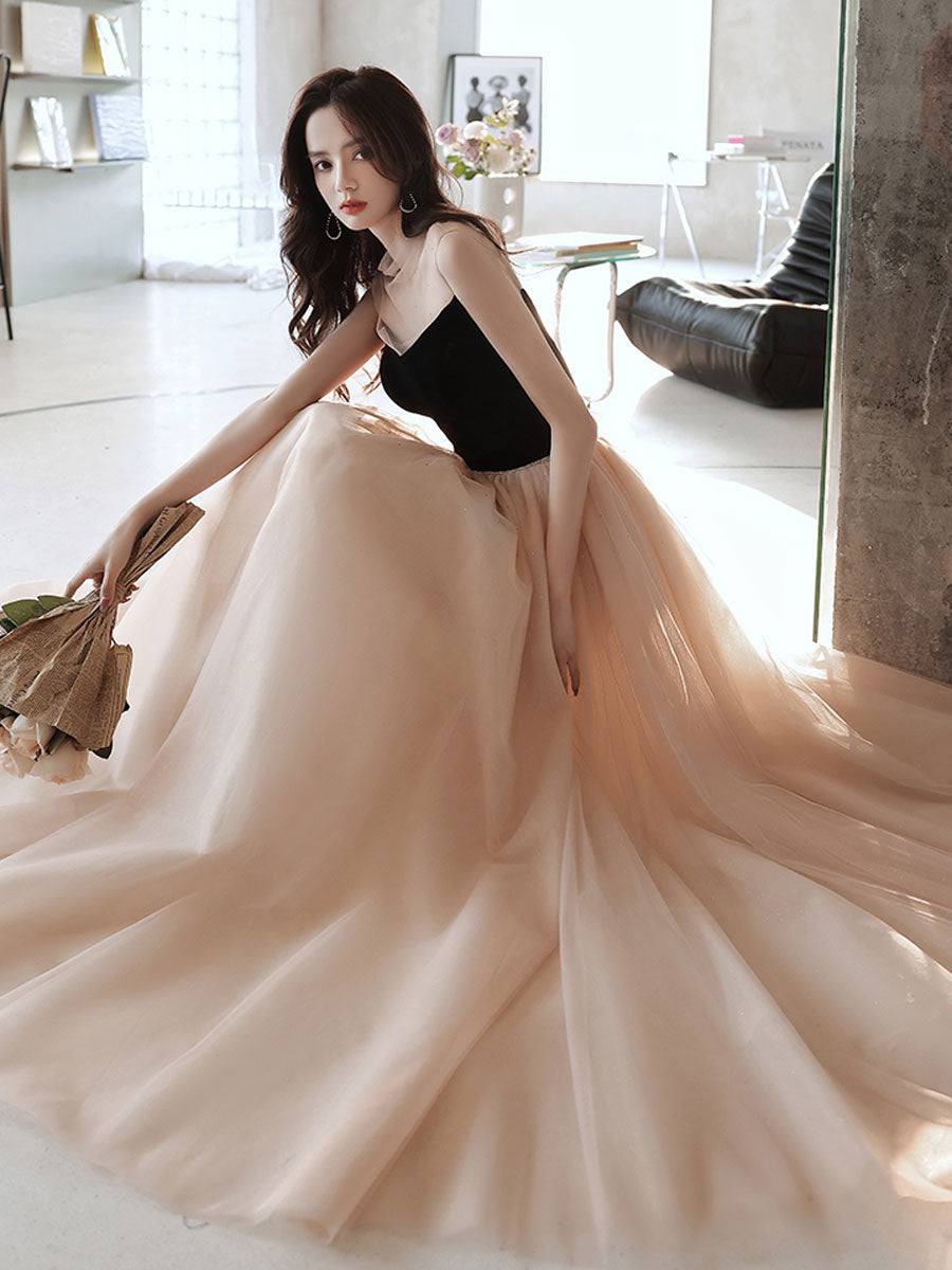 Simple Champagne Long Prom Dresses, Champagne Tulle Formal Dresses