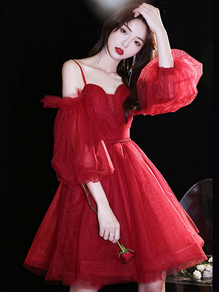 Red Sweetheart Neck Tulle Short Prom Dress, Puffy Red Homecoming Dresses