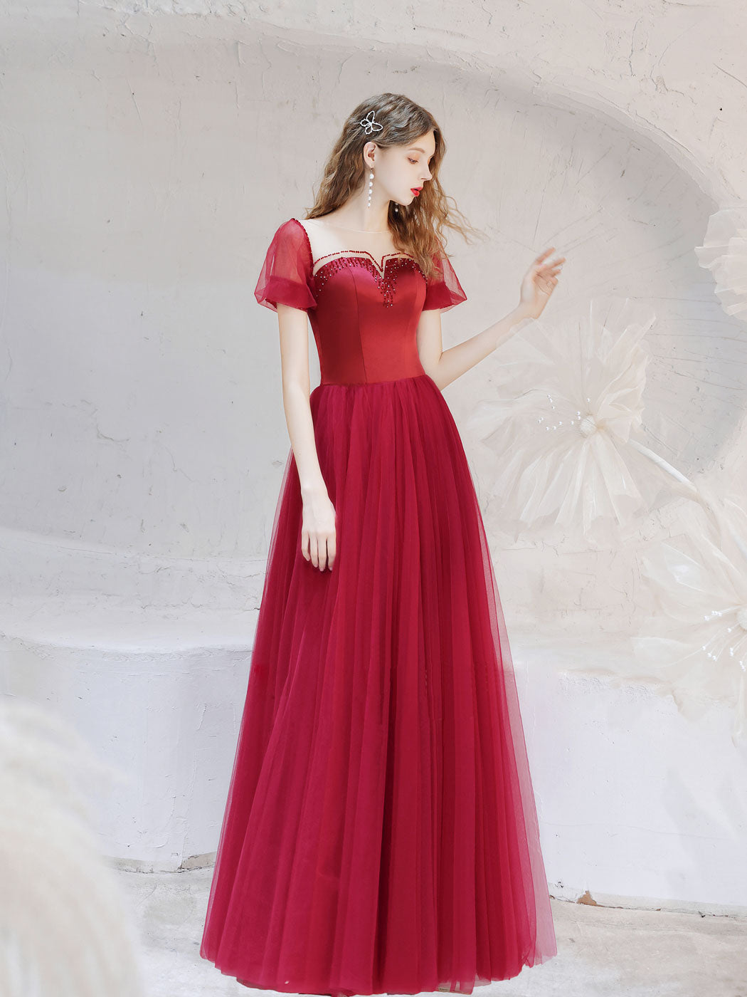 A-Line Burgundy Long Prom Dresses