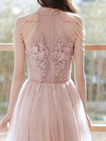 Unique Pink Tulle Lace Tea Length Prom Dress, Pink Tulle Formal Dresses