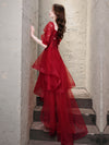 Burgundy High Low Tulle Lace Prom Dress, Burgundy Homecoming Dresses