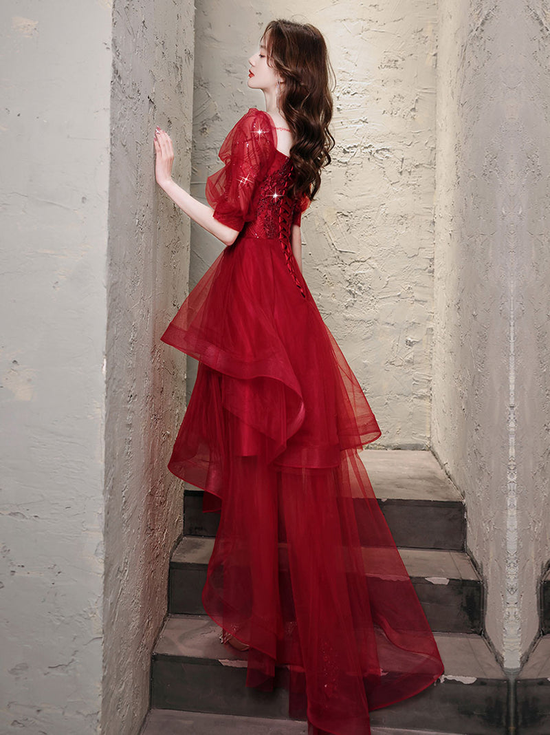 long burgundy hoco dresses Burgundy Lace Applique A-Line dark red homecoming dresses with Crew Neck, Tulle Sleeves, and Satin Fabric