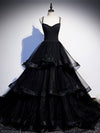 Black V Neck Tulle Long Prom Dress, Black Formal Graduation Dress with Beading
