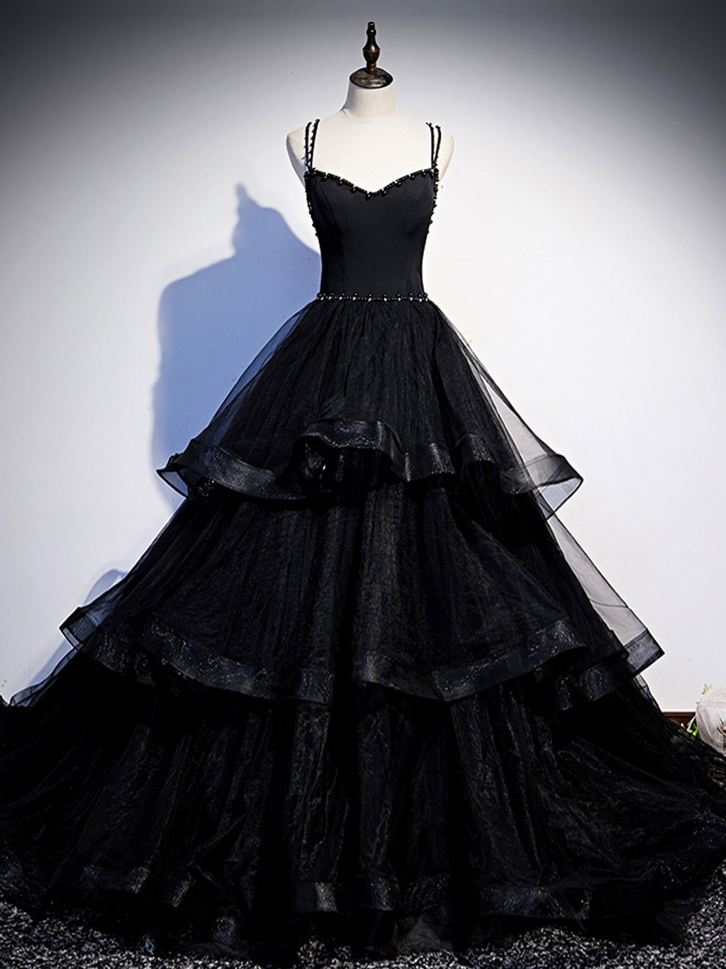 Black V Neck Tulle Long Prom Dress, Black Formal Graduation Dress with Beading