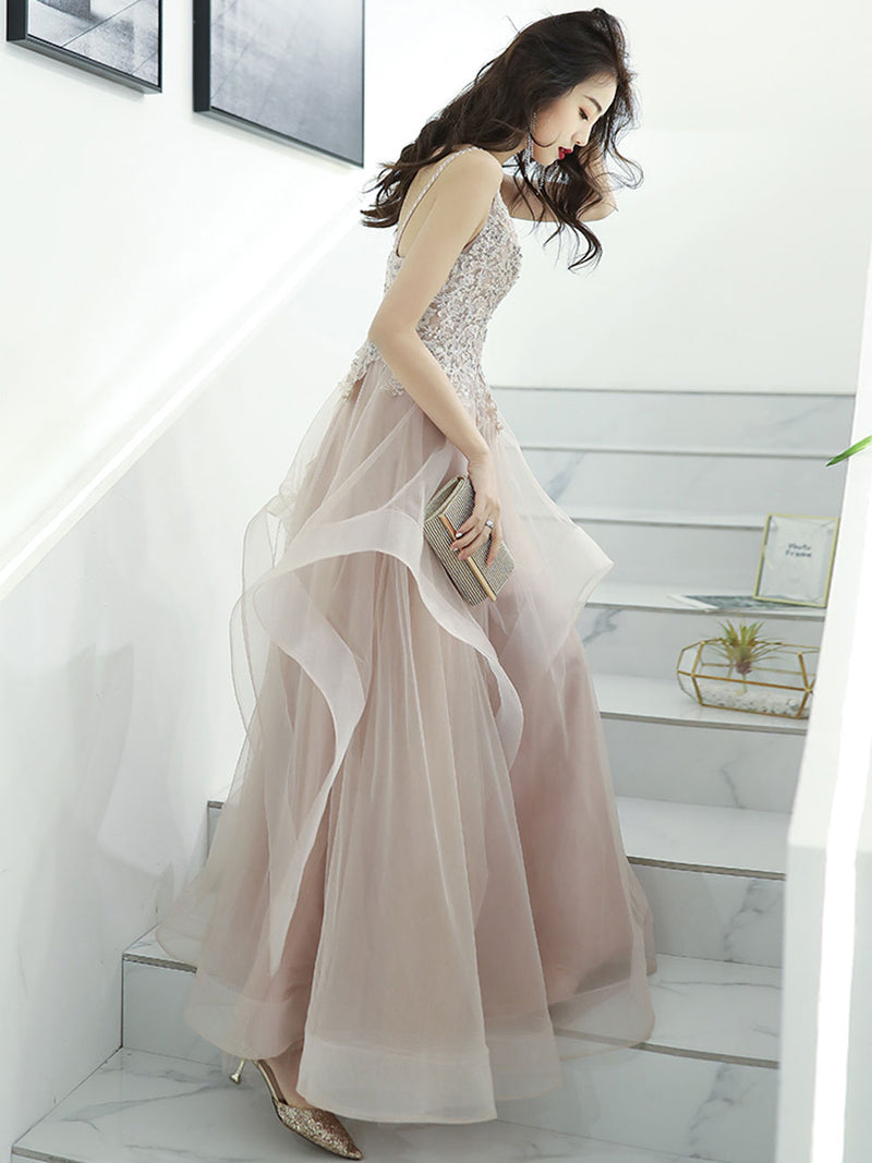 shopluu A-Line V Neck Pink Long Prom Dress, Pink Formal Graduation Dress with Lace Beading Custom Size / Pink(As picture)