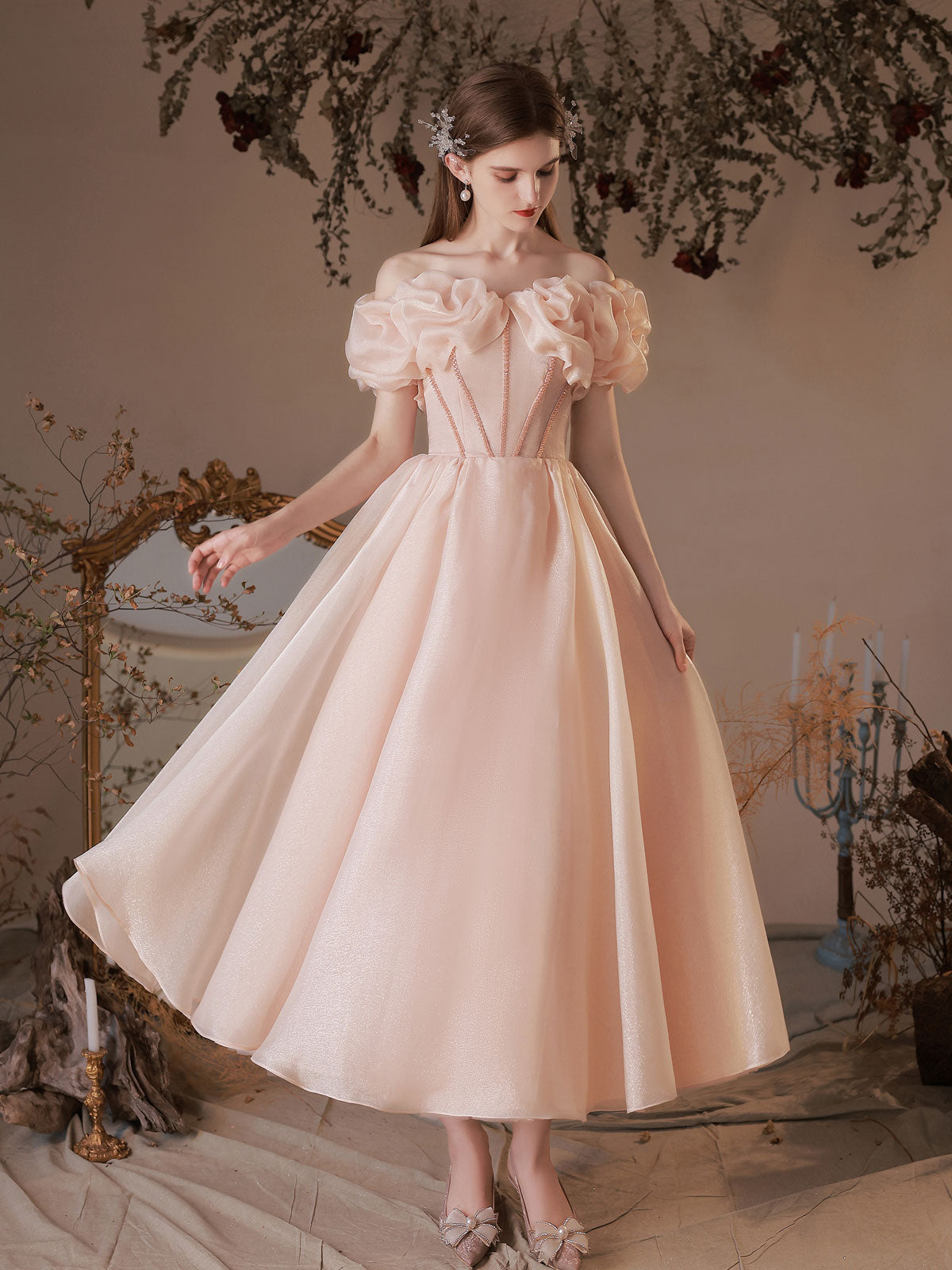 Pink Tulle Off Shoulder Tea Length Prom Dress Pink Tulle